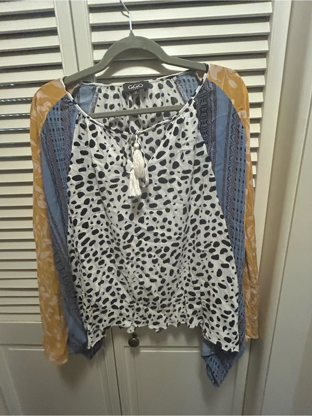 Gigio Mixed-Print Tassel Tunic in White, Blue & Mustard